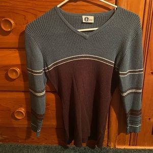 Multi colored v-neck sweater, blue on the top, dark purple on the bottom.